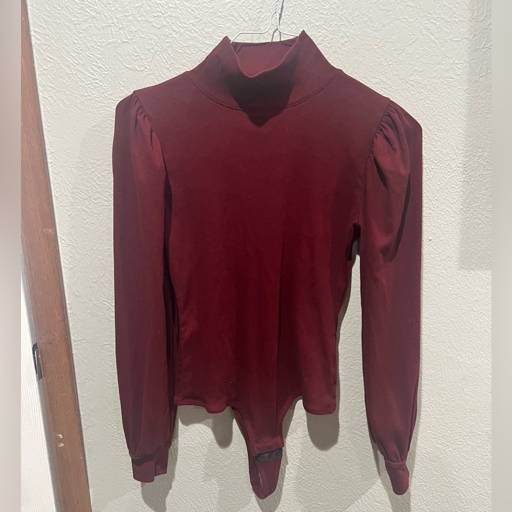 Madewell Rich Burgundy Puff Sleeve Bodysuit Turtleneck Cotton Blend Size M EUC